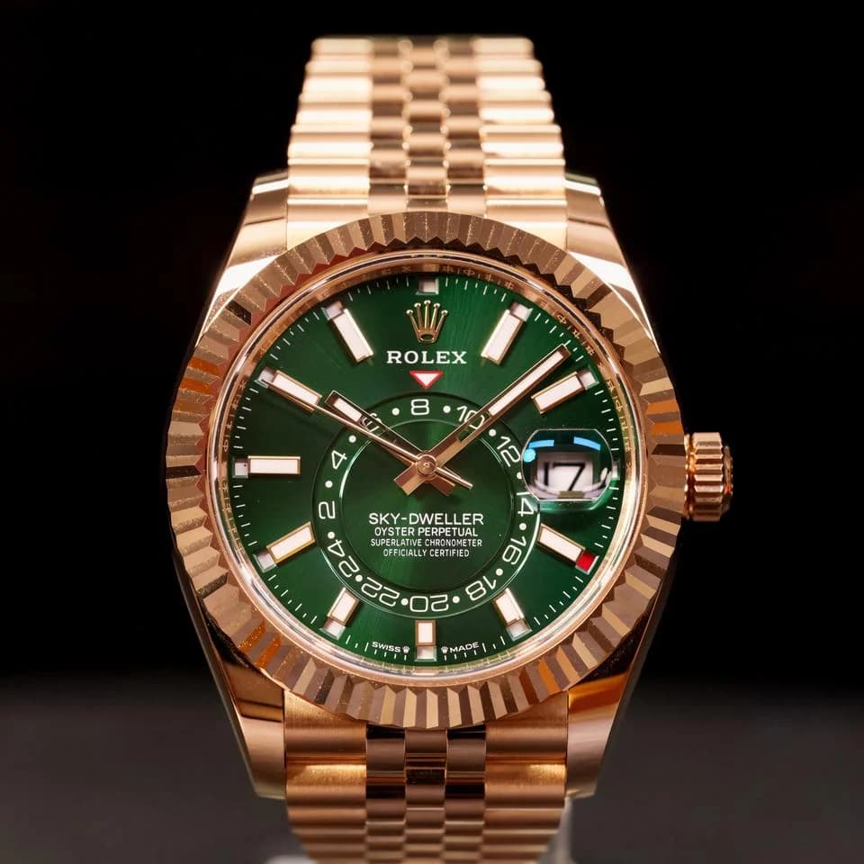 Rolex Sky-Dweller USA Ready to Ship Yellow Gold Green Dial Jubilee Full Set